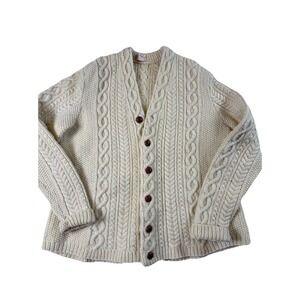Handmade Vtg Cable Knit Cardigan Sweater Womens Sz Medium Grandma Knitting Ivory
